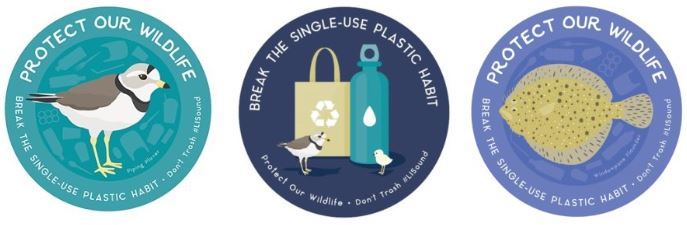 Three stickers reading "Protect Our Wildlife: Break the Single-Use Habit," each with a different illustration. The first features a piping plover; the second, a reusable bag, reusable water bottle, and two birds; and the third, a windowpane flounder. 