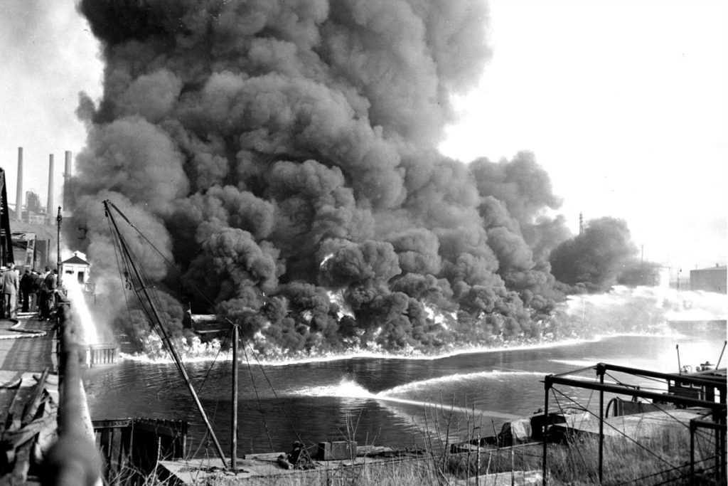 The Cuyuhoga River in Ohio catches fire.
