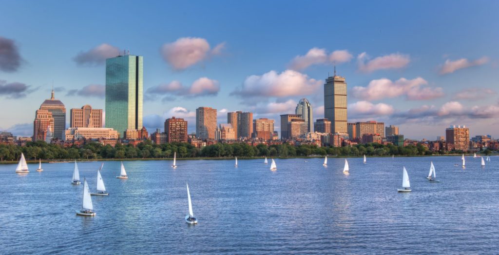 Scenic view of Boston with cityscape and sailboats