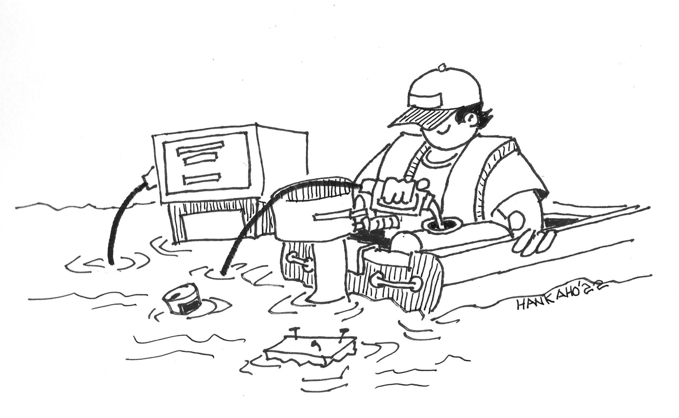 Cartoon of man at flooded gas station filling up his boat.