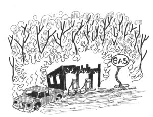 Cartoon of a wildfire consuming a gas station.