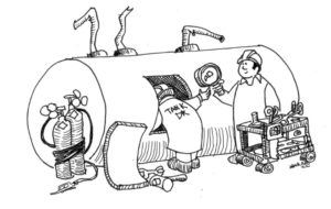 Cartoon of two people inspecting a tank.