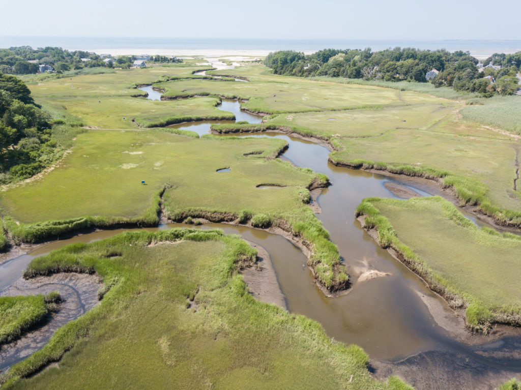 Aerial view of a marsh on Cape Cod, Massachusetts.