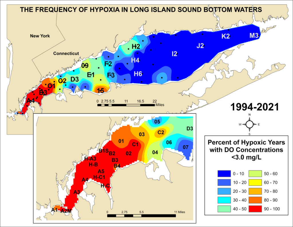 Map showing the frequency of hypoxia in Long Island Sound bottom waters from 1994-2021.