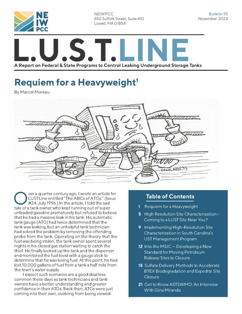 Front cover of Issue 93 of LUSTLine, featuring the opening article "Requiem for a Heavyweight." The cover has a cartoon of the TLS-350 in a boxing ring with sweat dripping off of it.