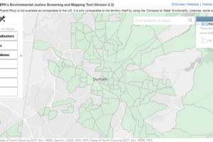 A screenshot of the EJScreen application showing a map with environmental justice communities highlighted.