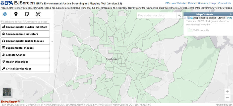 A screenshot of the EJScreen application showing a map with environmental justice communities highlighted.