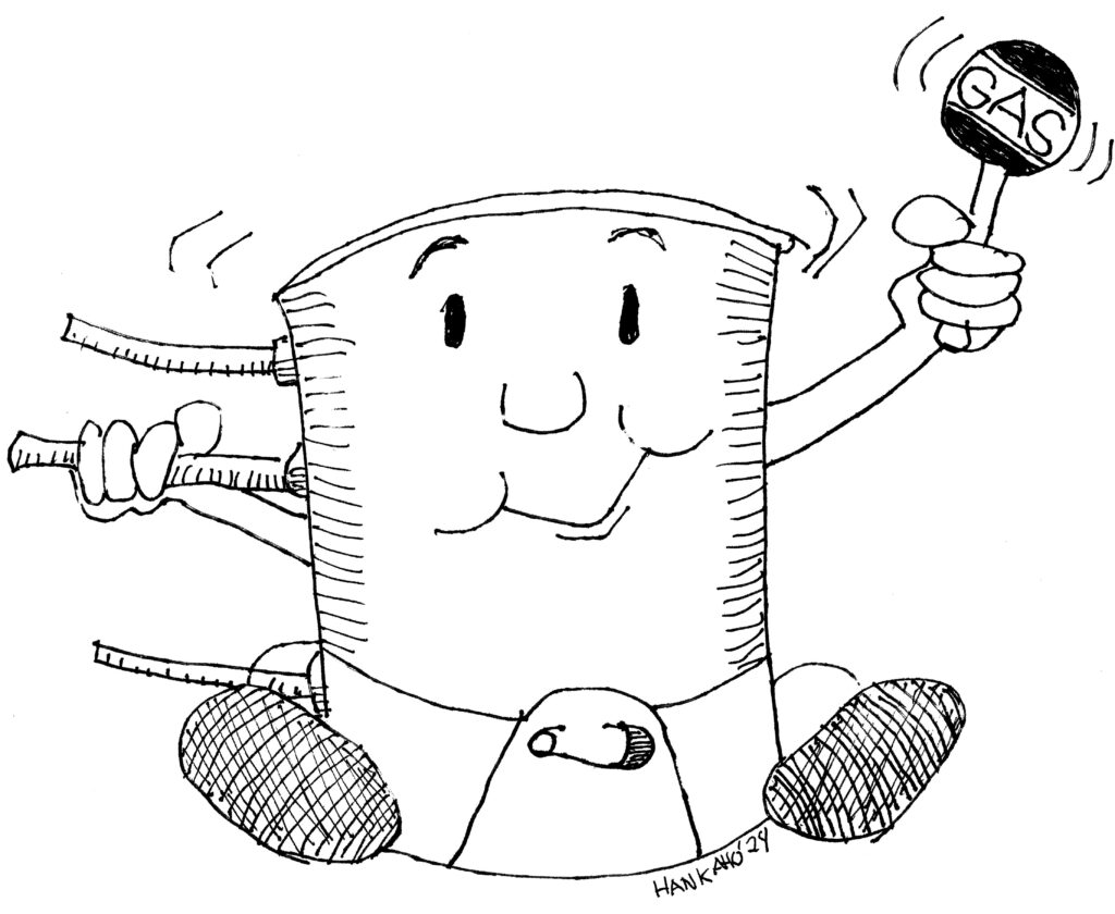 A cartoon featuring a small tank wearing a diaper and holding a rattle that reads "gas."