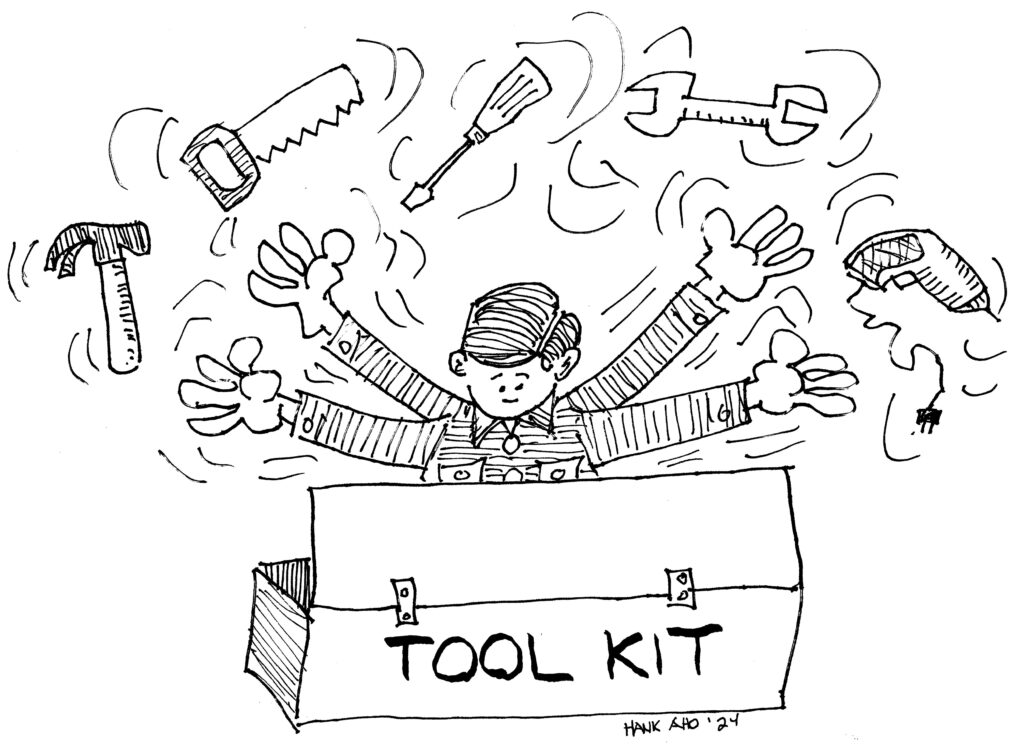 A cartoon featuring a person looking through a tool kit and flinging tools into the air. A hammer, saw, screwdriver, wrench, and drill are in the air nearby.