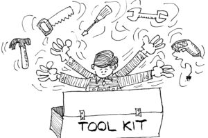 A cartoon featuring a person looking through a tool kit and flinging tools into the air. A hammer, saw, screwdriver, wrench, and drill are in the air nearby.