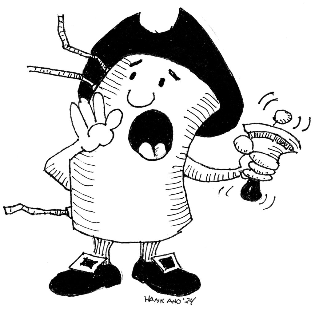 A cartoon featuring a tank dressed as a town crier shouting something and ringing a bell.