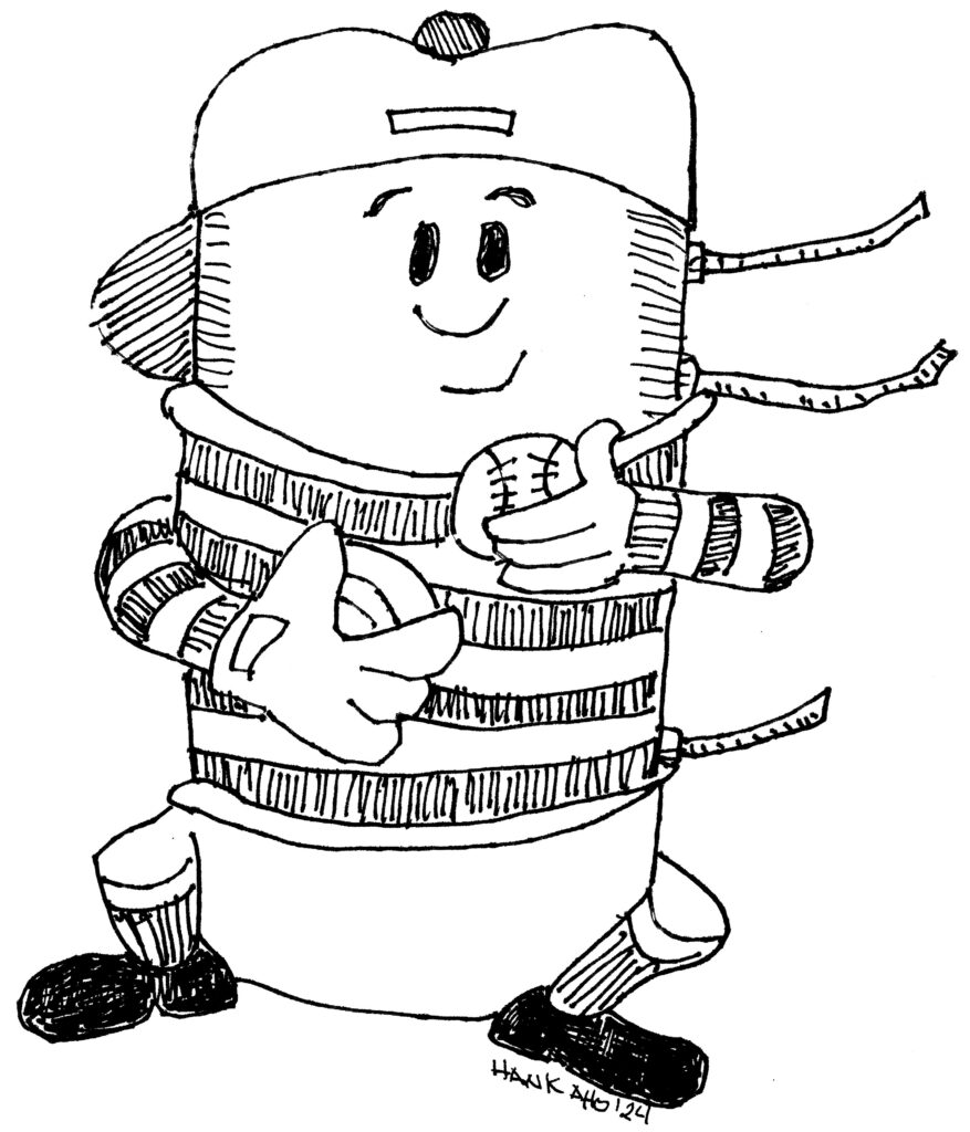 A cartoon featuring a school-aged tank wearing a baseball uniform and holding a baseball.