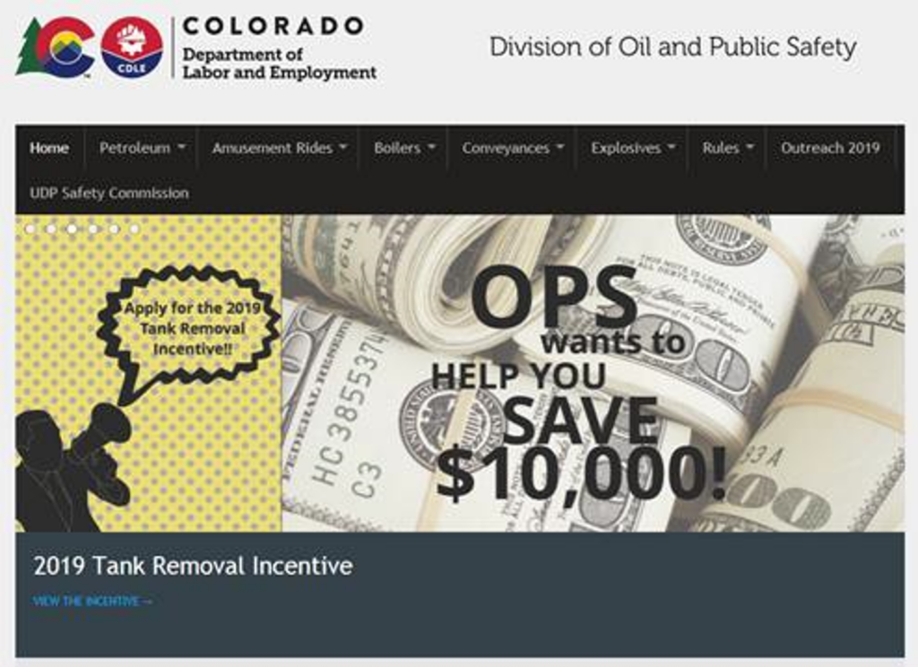 An ad on the Colorado Department of Labor and Employment website that saying to apply for the 2019 tank removal incentive and that "ops wants to help you save ,000."