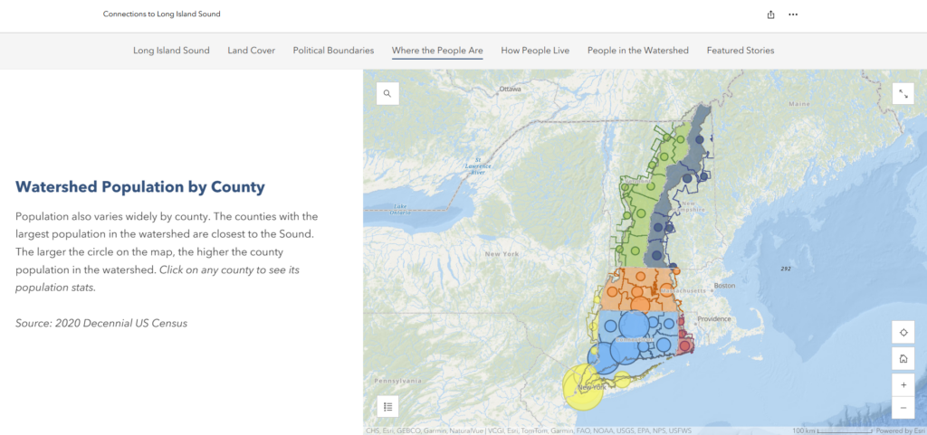 Connections to Long Island Sound StoryMap showing watershed population by county.