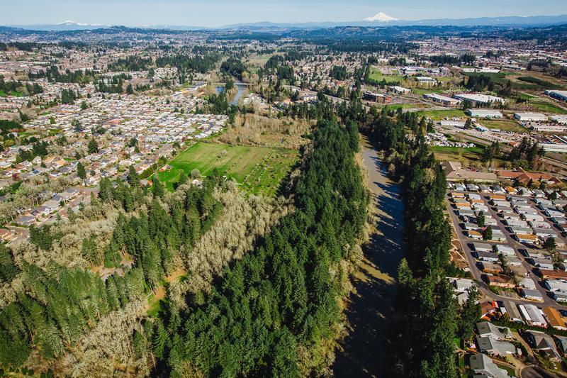 An aerial view of the Tualatin River, Oregon.