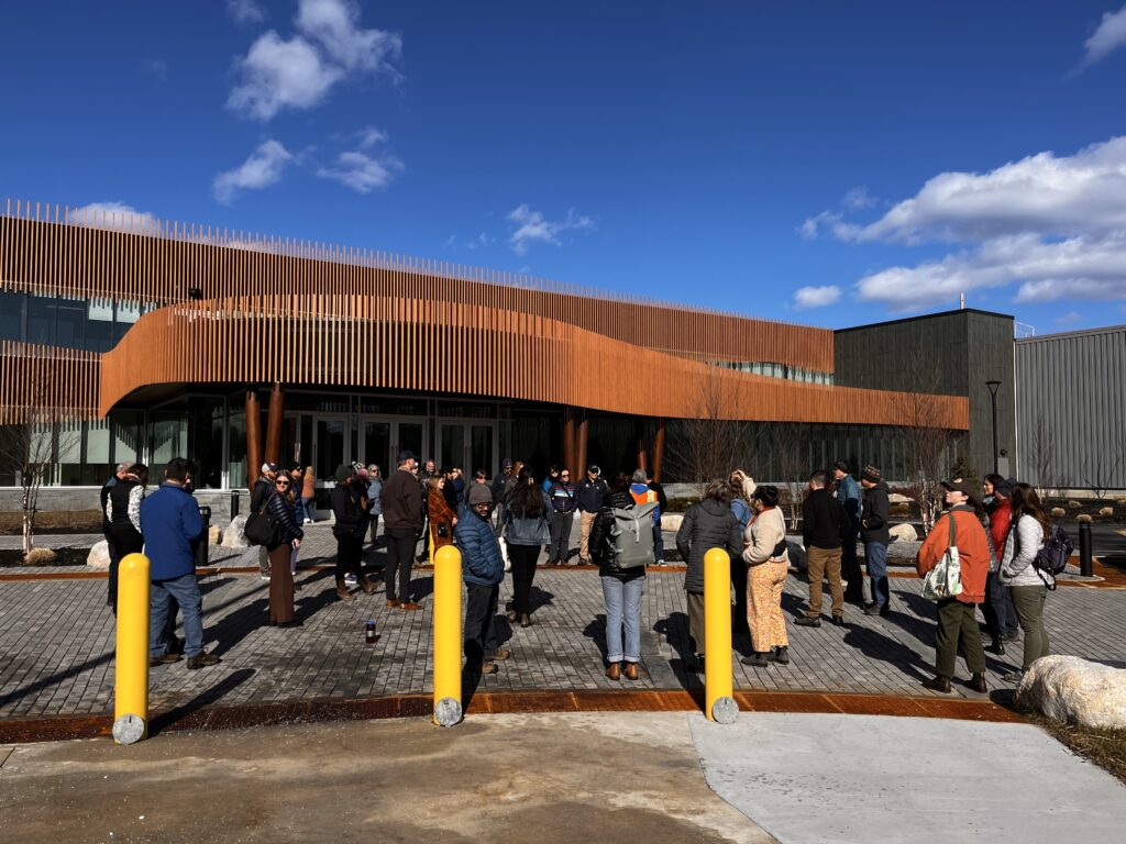 Field trip attendees learn about the heated roadway outside of the L.L. Bean headquarters in Freeport, Maine.