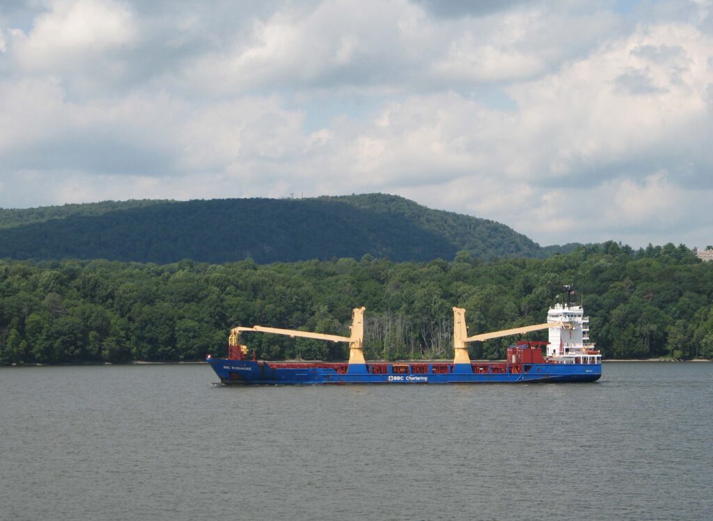 A cargo ship on the Hudson River, New York.