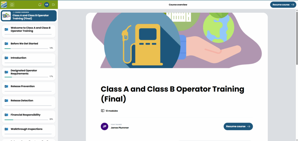 Screenshot of the self-paced training course, featuring the opening section that says "Class A and Class B Operator Training."