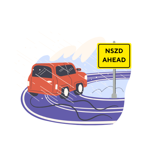 A red car driving on a curvy road with a sign that reads "NSZD Ahead."