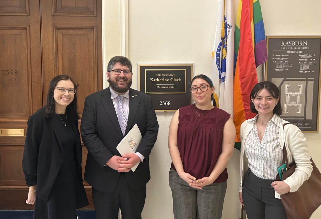 Julia Flanary with the town of Maynard; John Digiacomo, town engineer with the town of Natick; Daphne Short of NEIWPCC; and Paige Sudore with Stantec, pose outside of Massachusetts Representative and House Minority Whip Katherine Clark’s office.