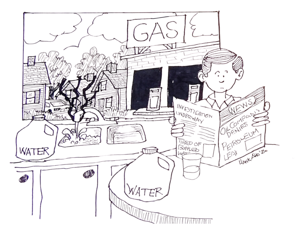 A cartoon featuring a man reading a newspaper which has headlines about an oil leak and companies refusing to admit that they have a leak. In the background the sink has fumes coming out of it and the man is drinking bottled water.