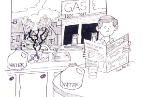A cartoon featuring a man reading a newspaper which has headlines about an oil leak and companies refusing to admit that they have a leak. In the background the sink has fumes coming out of it and the man is drinking bottled water.