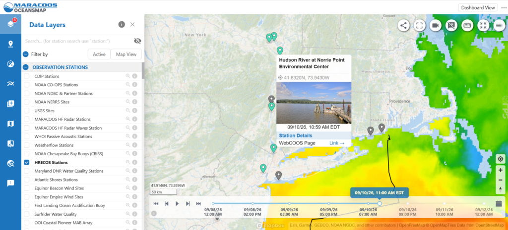 A dashboard of the OCEANSMAP program showing the Northeast with data points on the Hudson River.