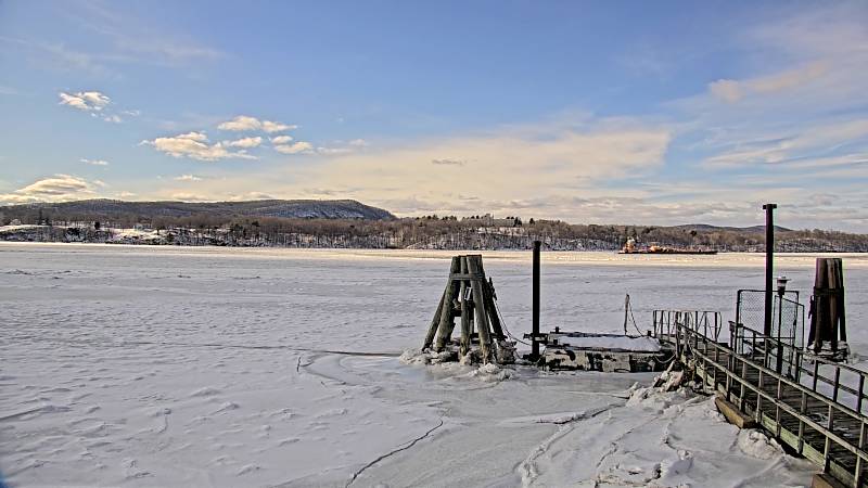 A frozen Hudson River and dock at the Norrie Point Environmental Center on February 12, 2026.